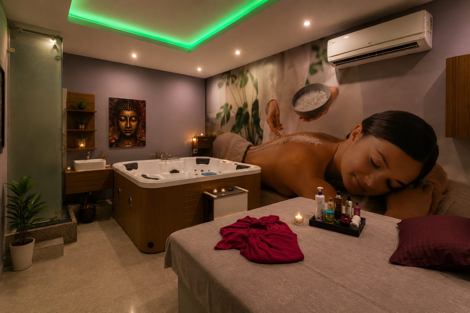 Jacuzzi treatment suite highlighting a massage bed and jacuzzi bath setup