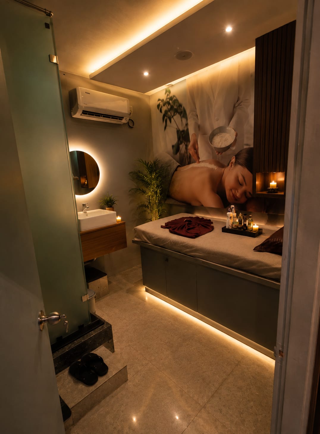 Treatment room with warm lighting for body rituals